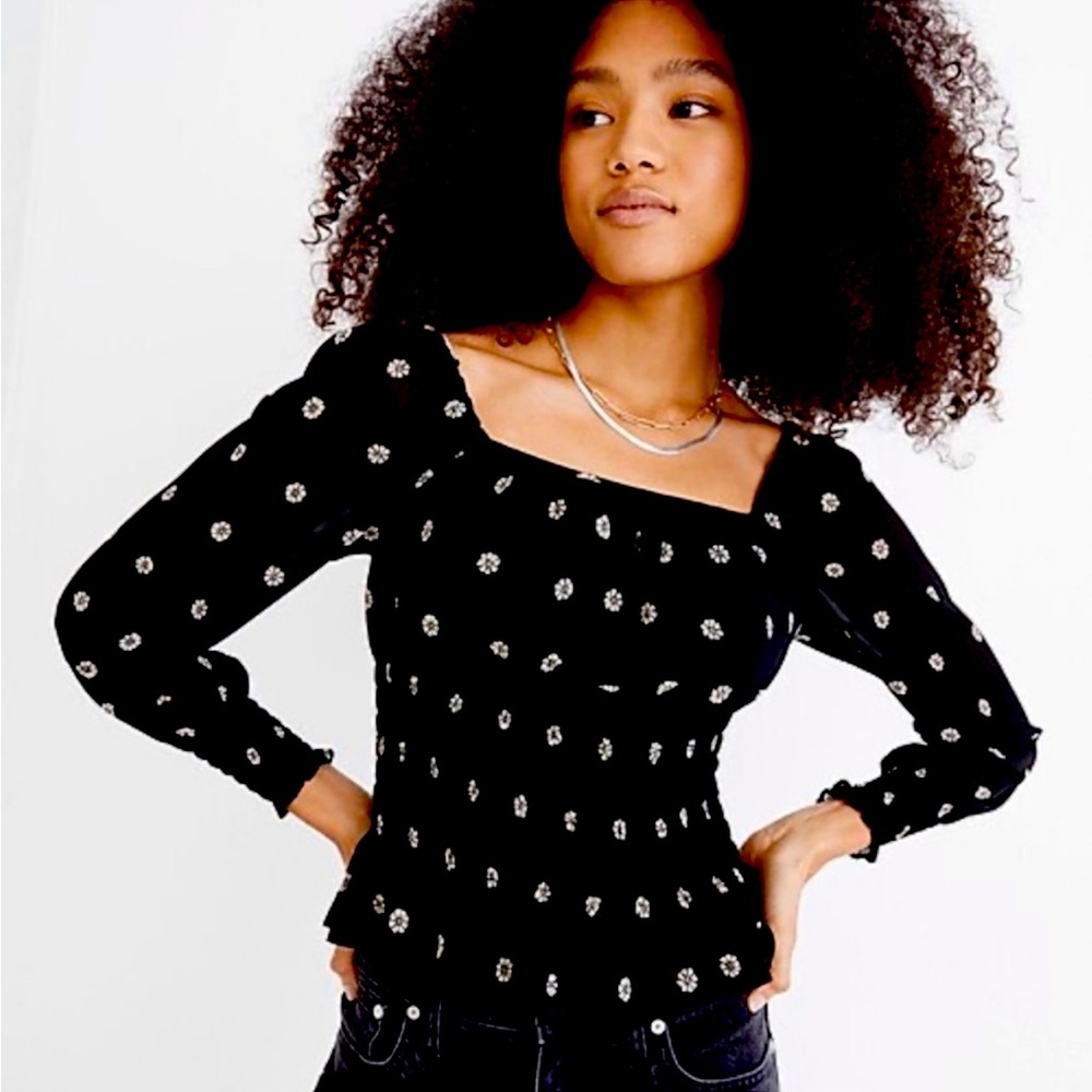 Madewell Puff Sleeve Peplum Smocked Waist Blouse Black with Flower Dots EUC XL